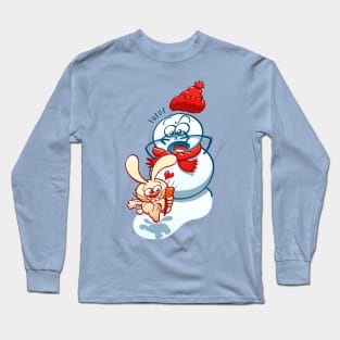 Naughty bunny stealing the carrot nose of a Christmas snowman Long Sleeve T-Shirt